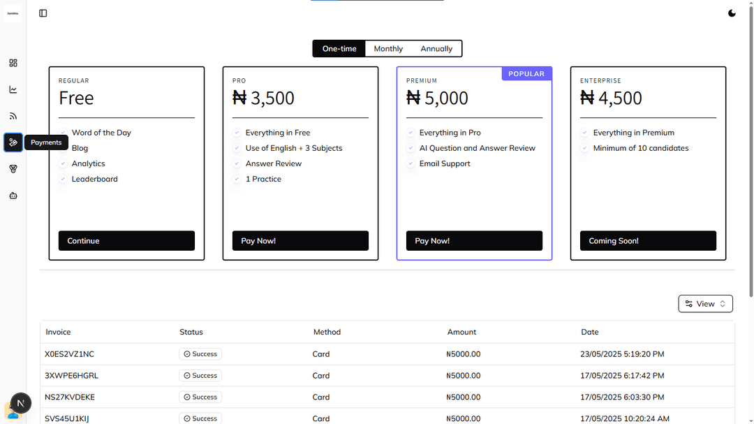 A screenshot of the pay screen